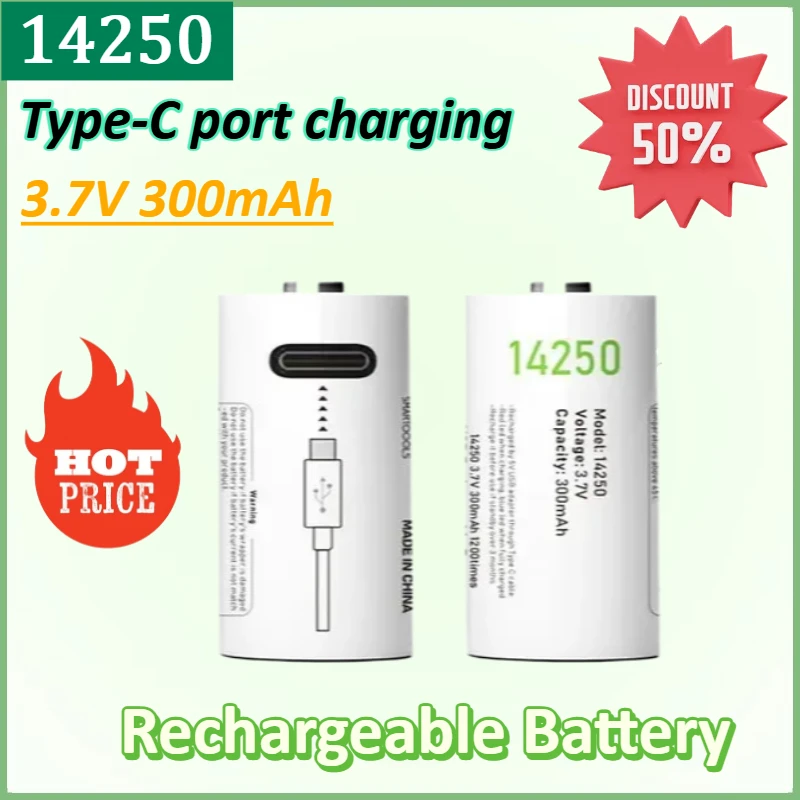 

New 2PCS 14250 3.7V 300mAh USB Type-C Rechargeable Lithium Battery IoT PLC Positioning Programmer Device High-capacity Batteries