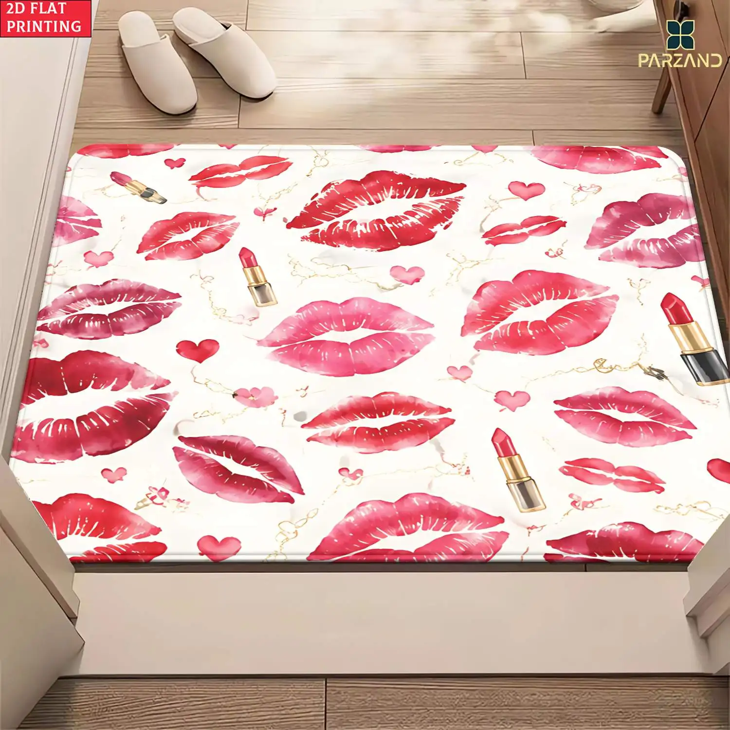 Chic Lips Pattern Bathroom Rug Mat Pink Heart Valentine Decoration Vanity Runner Waterproof Bath Mat Slumber Room Accent Floor M