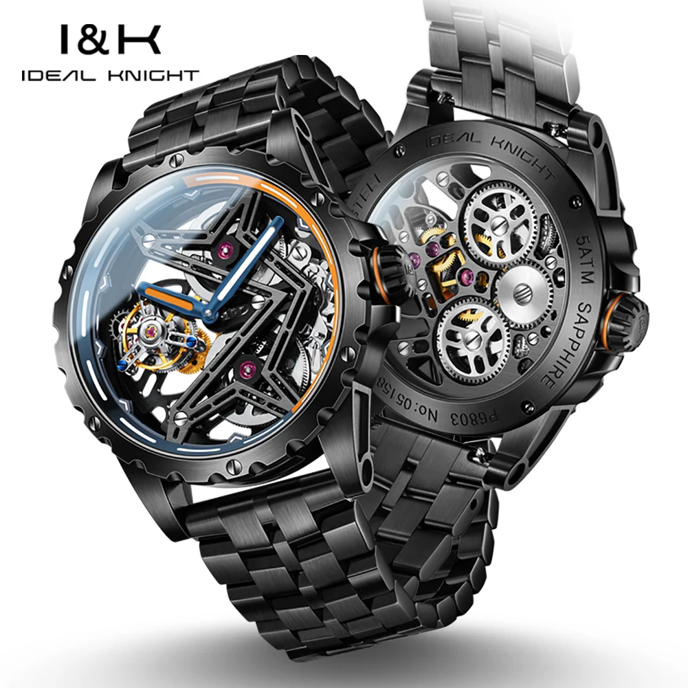 IDEAL KNIGHT Real Tourbillon Men's Watches Top Luxury Brand High Grade Fully Transparent Hollowed Mechanical Wristwatch Man 6803