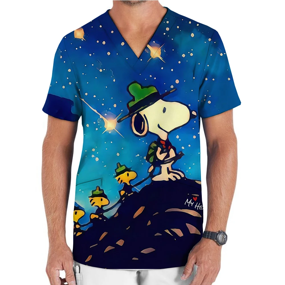 Men's V-neck Nurse Uniform T-shirt s-5XL Pocket Hospital Snoopy Kawaii Y2k Clothes Top 2024 New Men's Shirt