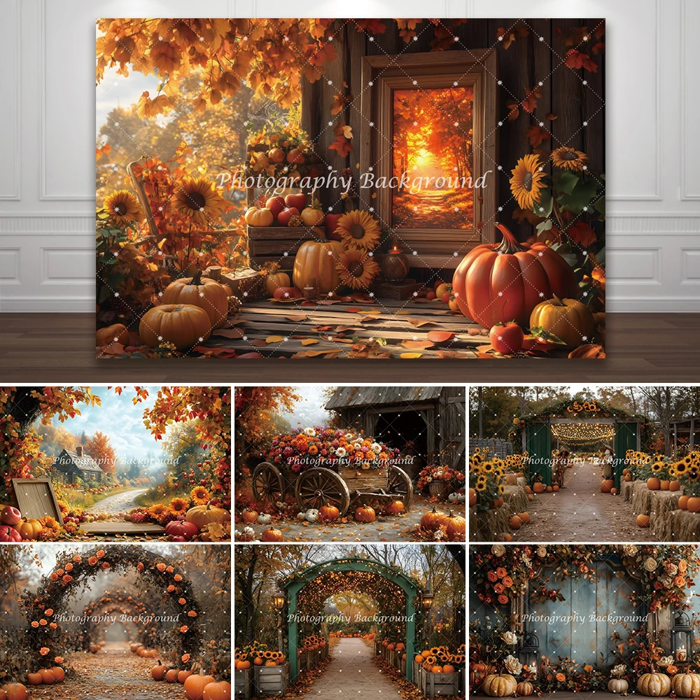 

Autumn Harvest Thanksgiving Photography Backdrop Pumpkins Sunflower Scarecrows Barns Wooden Door Children's Portrait Backgrounds