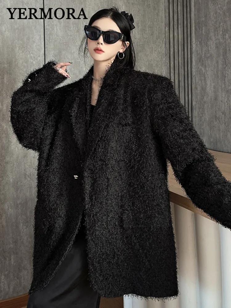 

YERMORA Black Burr Pocket Casual Blazer For Women Lapel Long Sleeve Loose New Jacket Fashion Tide Spring Autumn 2025 A812