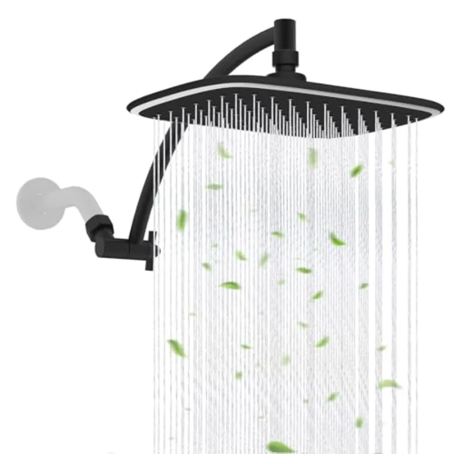 

Black Rain Shower Head with 12" Shower Head Extension Arm 10" High Pressure Boosting Rainfall/Fixed Showerhead Metal Shower Arm