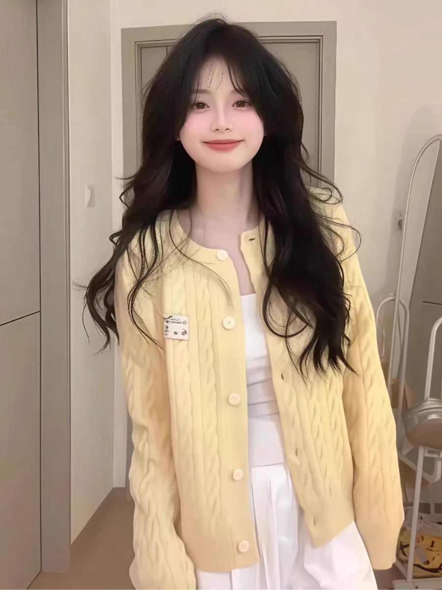 

Желтый вязаный открытый кардиган, женский весенне-осенний свитер в Корейском стиле, топ премиум-класса, свободный крой, длинный све