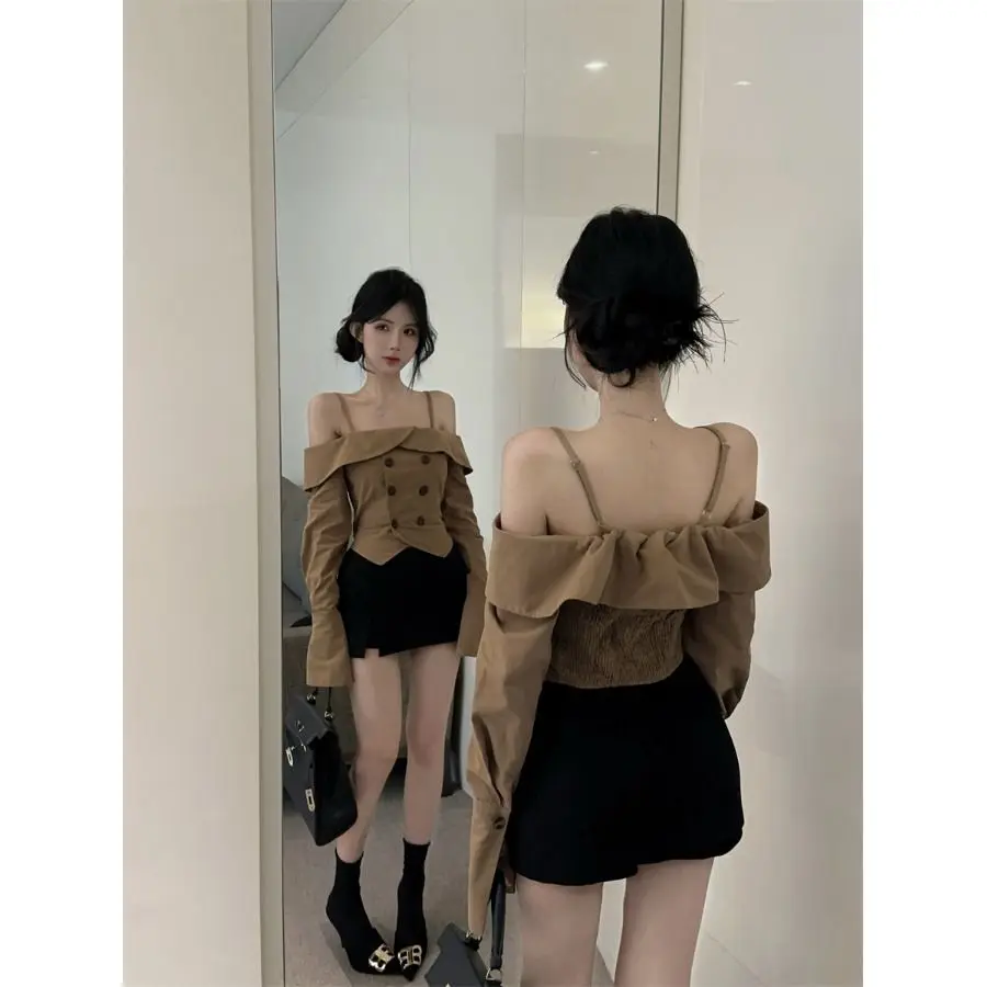 Spicy Girl Style Korean Version One Shoulder Camisole Shirt with French Design Niche Off Shoulder Short Top for Women