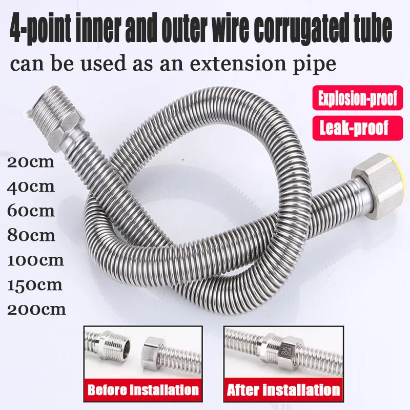 

New Shower Hose 20/40/60/80/100/150/200cm Bellows Extension Tube 1/2" Male Female Connector Hose 304 Stainless Steel Water Pipe