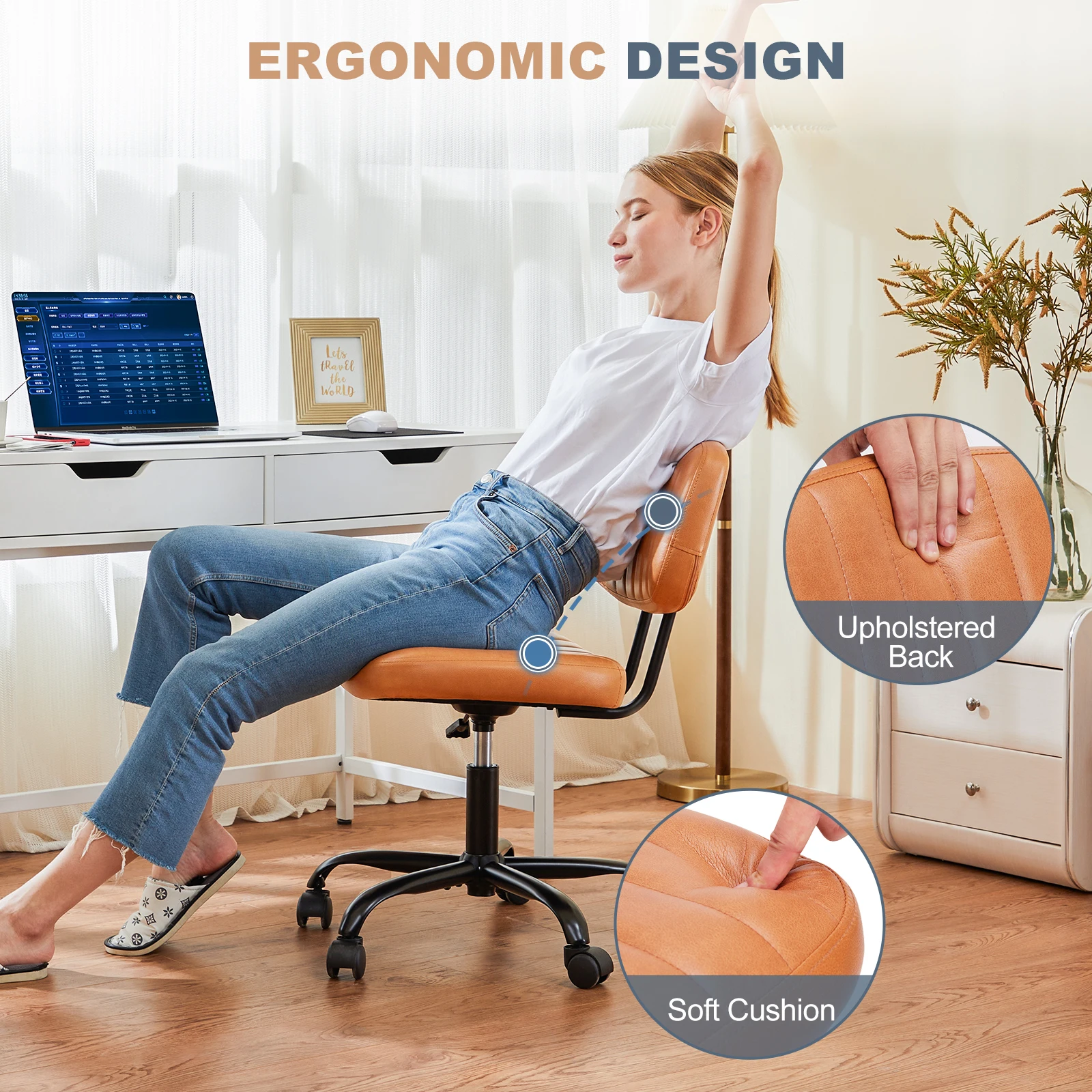 Ergonomiczne krzesło biurowe MCQ bez podłokietników, obrotowe, z regulacją wysokości, wykonane ze skóry PU, krzesło gamingowe/wieczorowe do domu i biura.