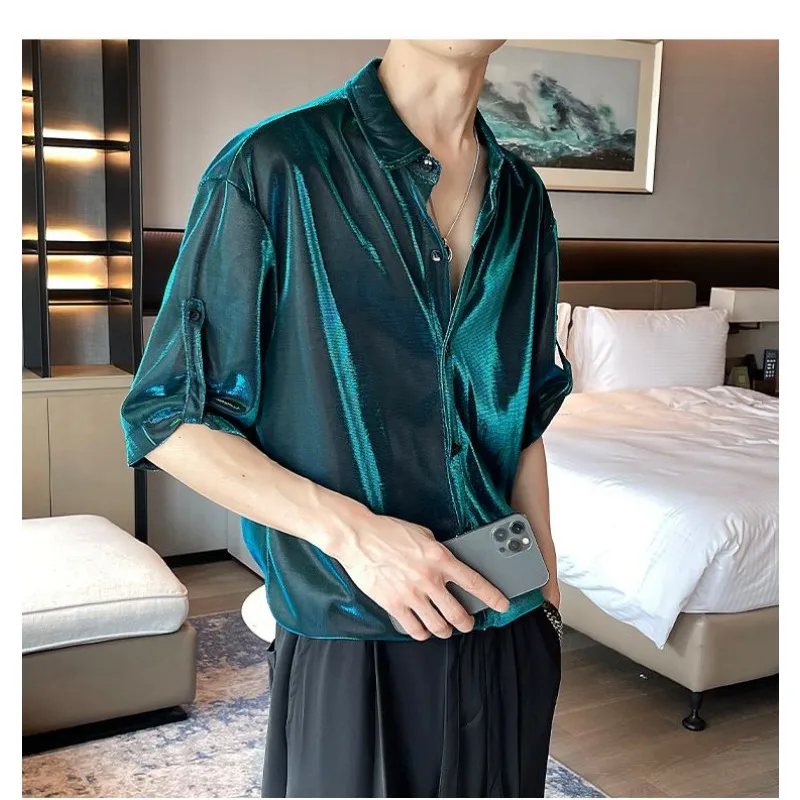 Luxury Trend Summer New Shirts for Men High-end Liquid Metal Reflective Shiny Shirt Streetwear Hip Hop Performance Shirts Tops