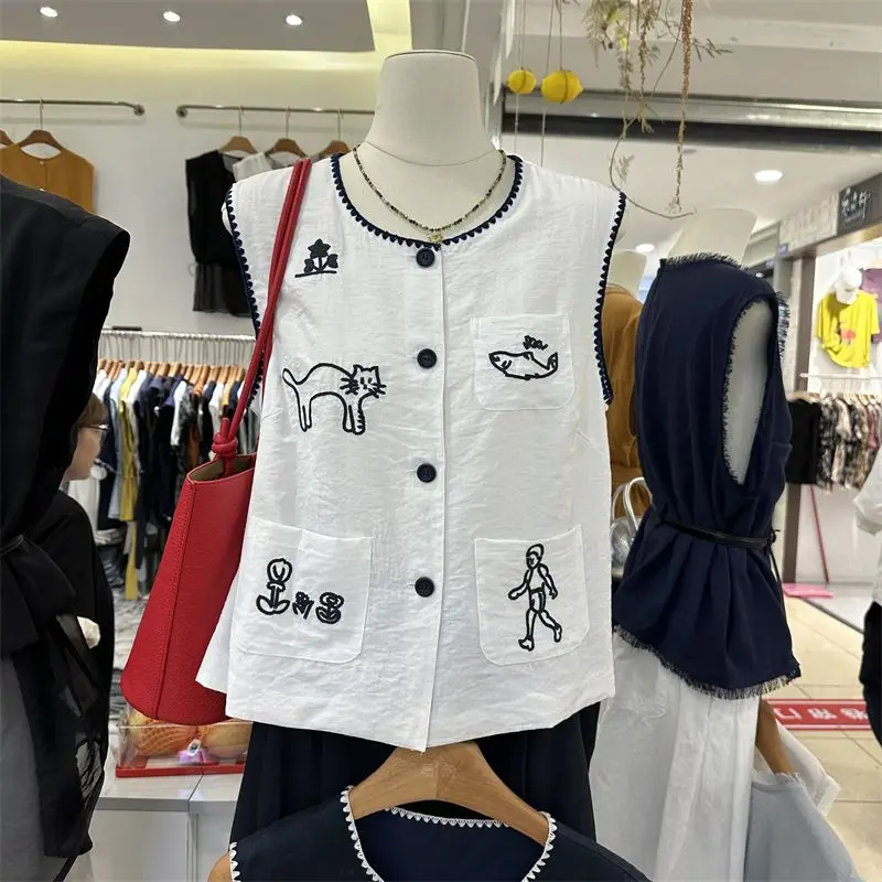 

SY'sYouthfully Cute Embroidered Vest Sleeveless T Shirts Women Single Breasted Top Summer Korean Style Linen Tank Tops
