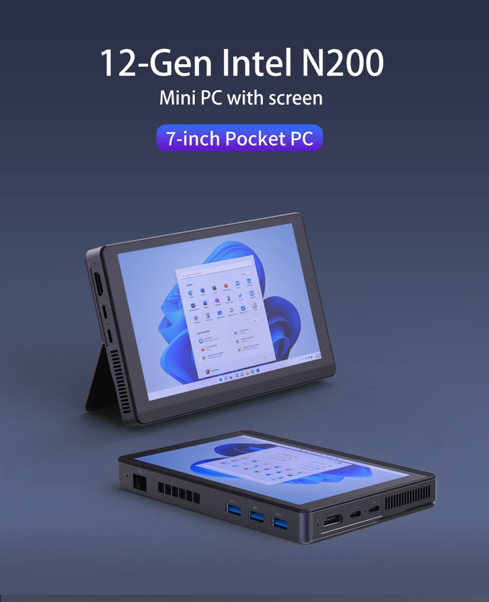 SIBOLAN 500H Mini PC Intel N150 N200 N305 CPU 7-Inch Monitor 2.5G LAN 16G DDR5 Windows 11 Pro WIFI6 BT5.2 Mini Desktop Computer