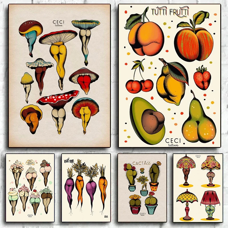 Abstract Sexy Peach Lamp Mushroom Plant Funny Butts Posters Canvas Painting Cute Kitchen Wall Art for Room Home Decoration