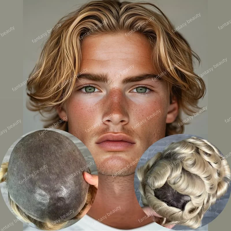 

0.06-0.08mm ultra-thin skin full PU base 4T/613 Ombre Blonde Brown black Roots men toupee 100% European Human Hair prosthesis