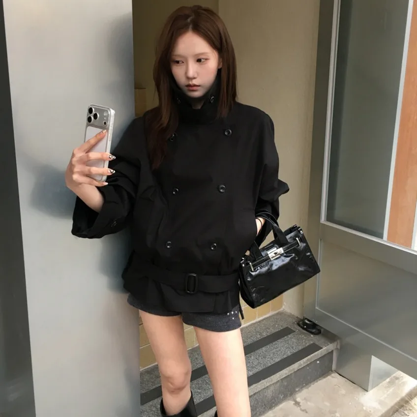 Korean Style Double Row Button Coat Autumn Winter New Arrival Elegant Waist Belt Casual Style Women's Windbreaker