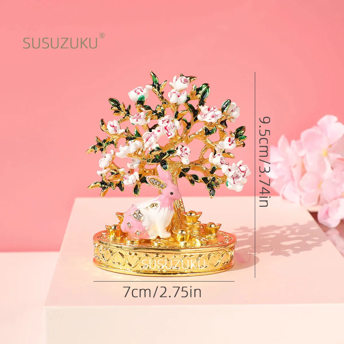 Cherry Blossom Tree Crystal Hinged Jewelry Box Little White Rabbit Necklace Earrings Nail Ring Box