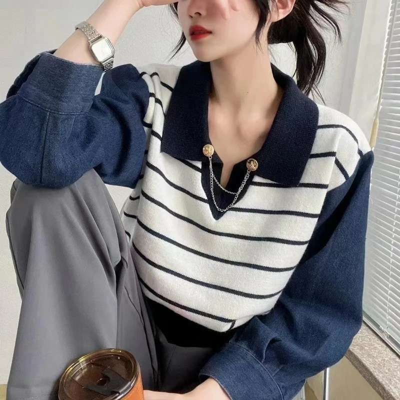 

Женская летняя повседневная универсальная полосатая рубашка в японском стиле с длинными рукавами и воротником-поло в стиле ретро, стильный модный топ B247