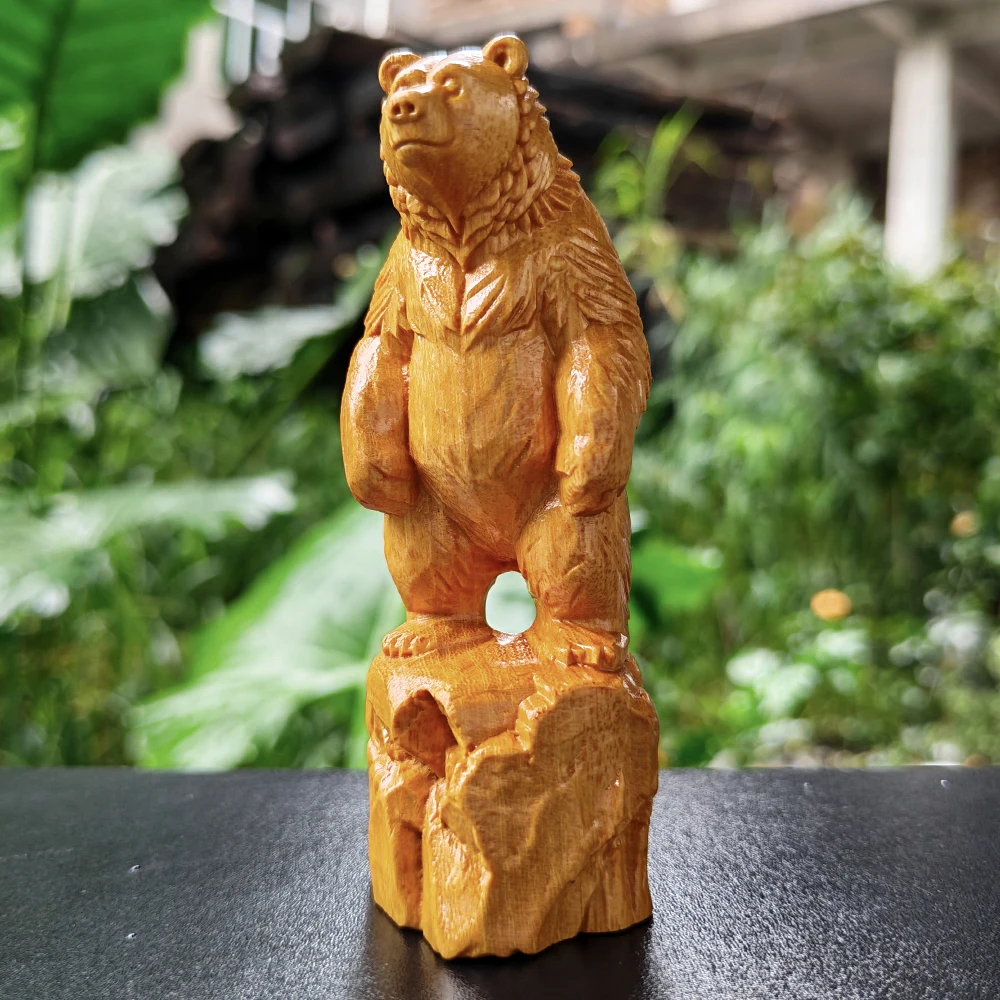 3.8-inch hand-carved wooden bear ornament, traditional style, natural style, animal theme. Suitable for study, Christmas decorations, interior decorations, New Year's gifts, living room, fireplace, bedroom