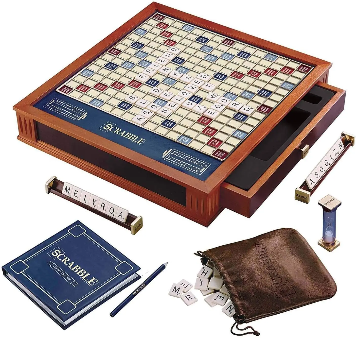 WS Game Company Scrabble Trophy Luxury Edition with Rotating Wooden Game Board