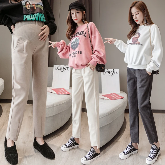 

703# Autumn Winter Woolen Maternity Straight Pants Elastic Waist Belly Clothes for Pregnant Women Pregnancy Casual Trousers