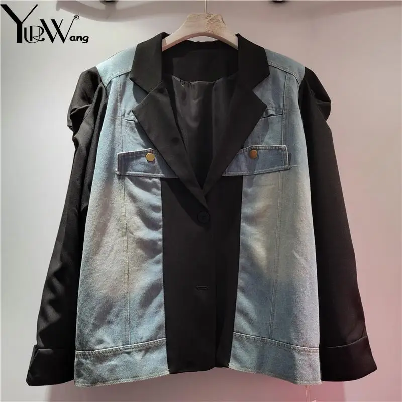 GetSpring Women Blazer Denim Stitched Single Breasted Long Sleeve Ladies Black Blazer Coat Fashion Loose Women's Suit Jacket New