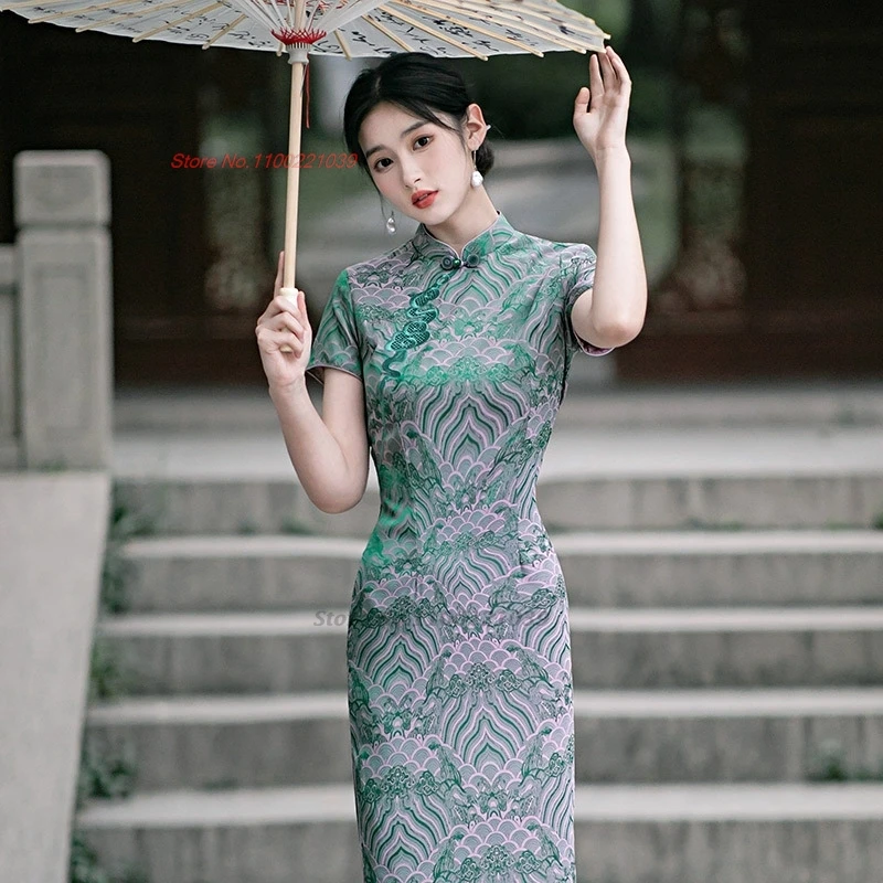 2024 vietnam aodai dress traditional chinese improved qipao national flower print cheongsam stage dress banquet evening dress