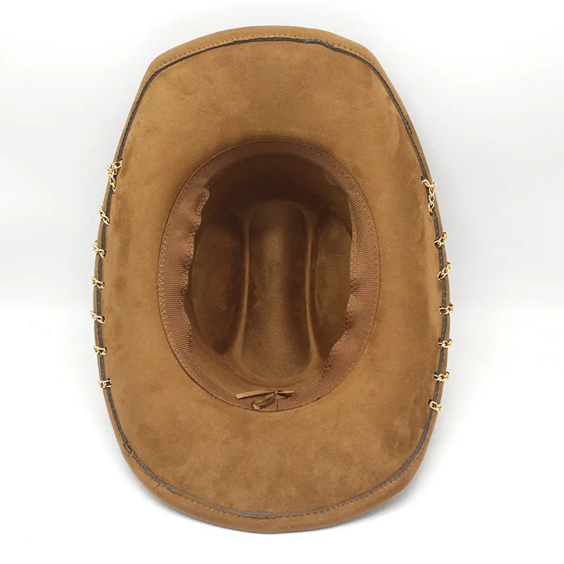 Trendiger Western-Cowboyhut für Männer und Frauen mit Metallkette, breiter Krempe, Wildleder-Visier, modische Jazz-Kappe – Detail 8