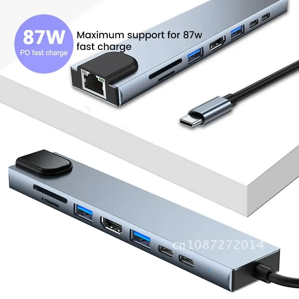 

USB 3.0 Type-C Hub 8-IN-1 To HDMI-compatible 4K USB C Hub with Hub 3.0 TF SD Reader Slot RJ45 PD for MacBook Pro/Air/Huawei Mate