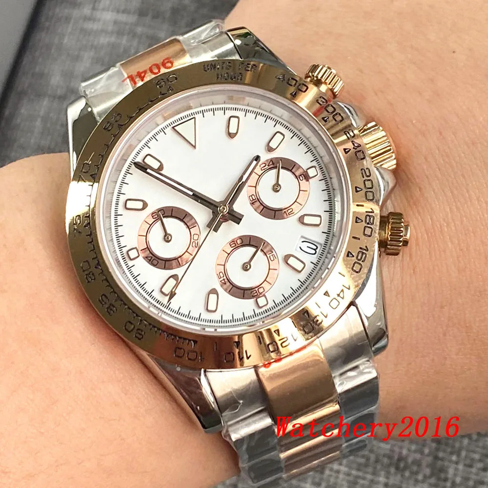 

39mm Rose Gold Sterile dial Quartz Mens Watch Vk63 Movement Multi-Function Full Chronograph Yellow Gold Case Steel Bracelet