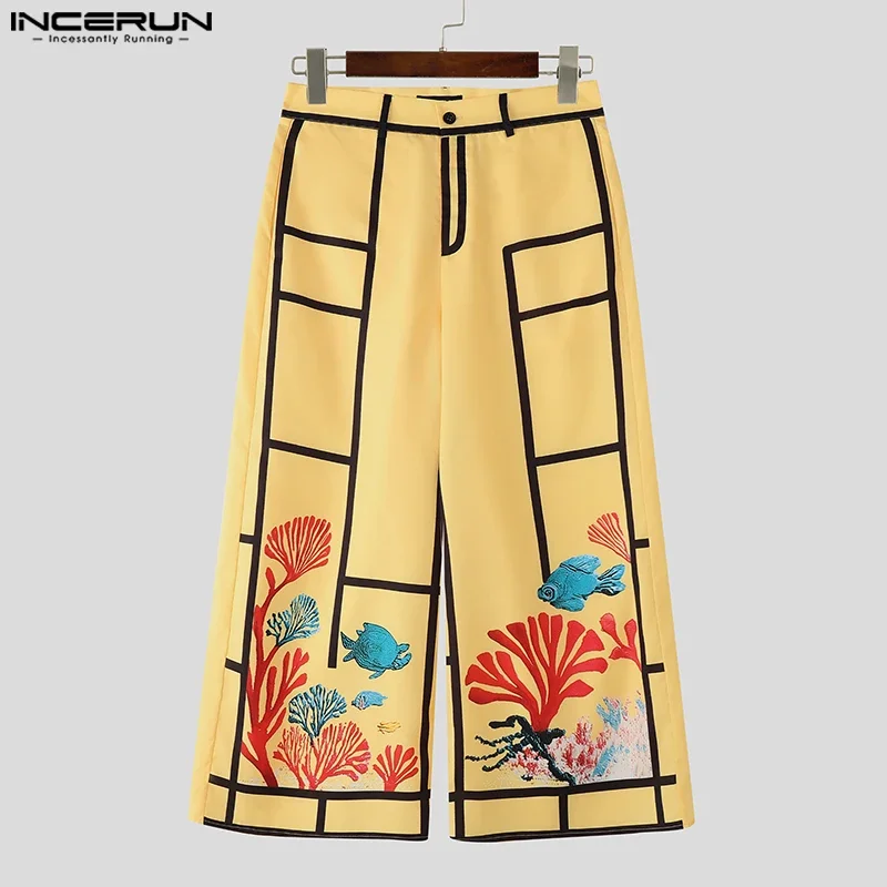 INCERUN 남성 바지 자수 프린팅 패치워크 버튼 캐주얼 와이드 레그 바지 남성 스트리트웨어 루즈 2025 패션 롱 팬츠