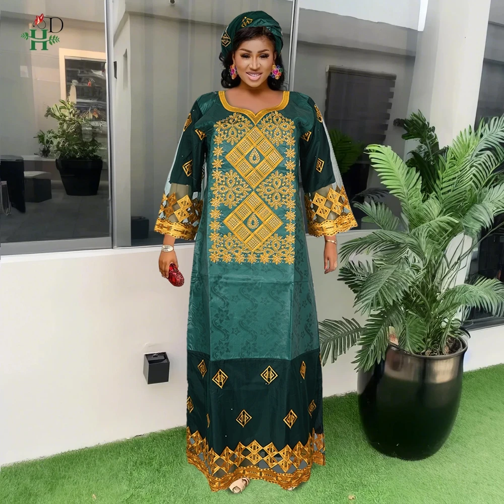 H&D African Dresses For Women Bazin Riche Tradition Embroidery Dress Wedding Robe Clothes Party Gowns Skirt 2024