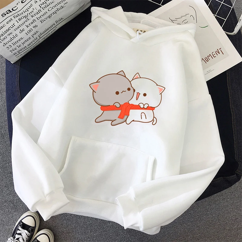 Fleece Women\'s White Hoodies Kawaii Peach Cat Cartoon Print Femme Winter Hooded Sweatshirt Tops Casual Female Jumper