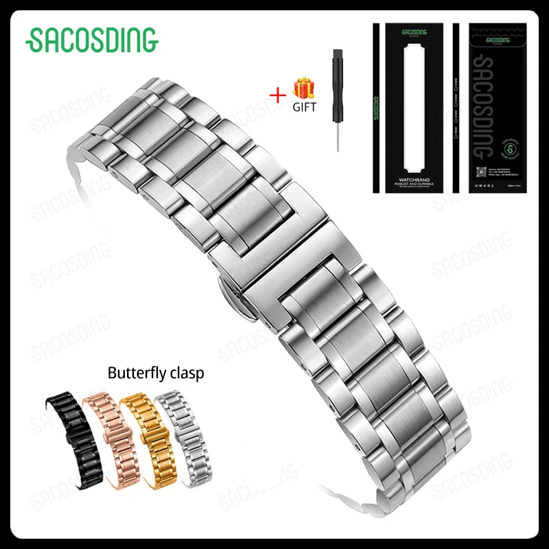 

【SACOSDING】Solid Stainless Steel Watch Strap Double Press Butterfly clasp watch band 18mm 20mm 22mm Vacuum IP Plating（Silver）