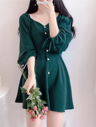 A Line Chic Dresses Women Fashion Korea Japan Style Design Cute Sweet Little Back Dress Party Mini Button Vintage Dress 9310