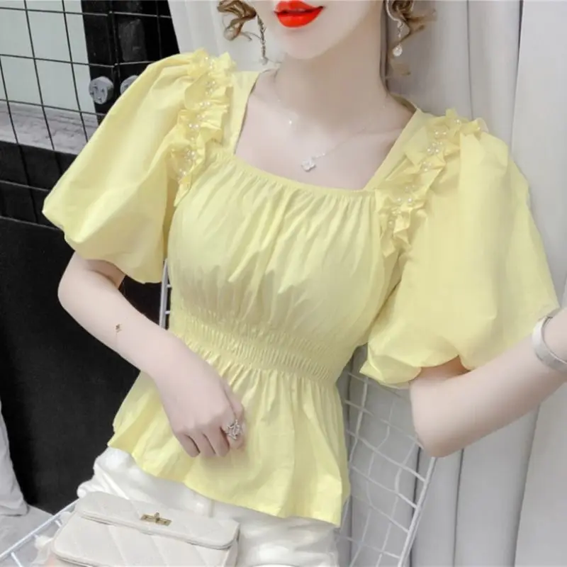 Summer Pullover Chiffon Puff Short Sleeve Square Collar Solid Color Embroidered Flares T-shirt Elegant Women\'s Clothing Tops