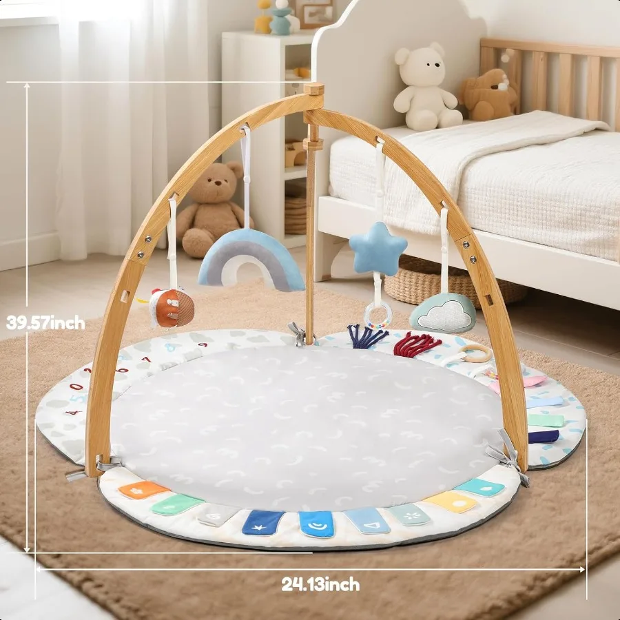EXIN DECHEN Baby Play Gym Activity Mat إطار من الخيزران العضوي الطبيعي مع 4 ألعاب حسية قابلة للفصل بساط لعب وقت البطن لـ B