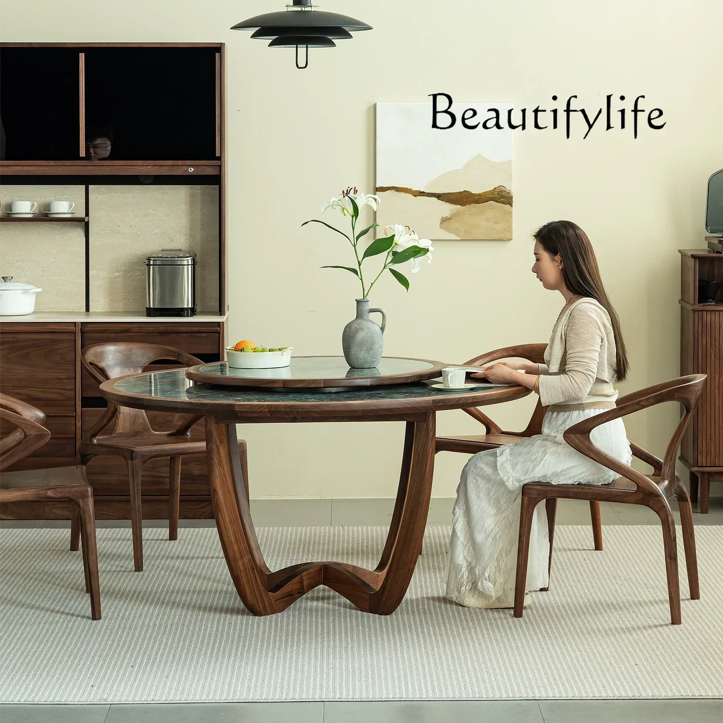 

modern simple light luxury villa home round rock slab dining table North American black walnut solid wood round dining table