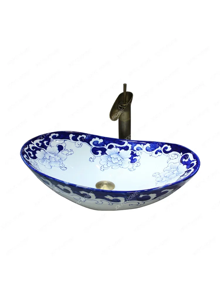 

Hand-painted blue and white wash basin New Chinese-style household table Blue and white porcelain easy to clean retro face sink