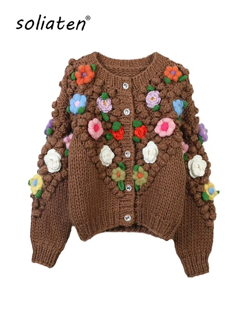 2024 autunno inverno maglione da donna O collo a maniche lunghe fiore splicing allentato cardigan lavorato a maglia retrò maglioni caldi spessi Top