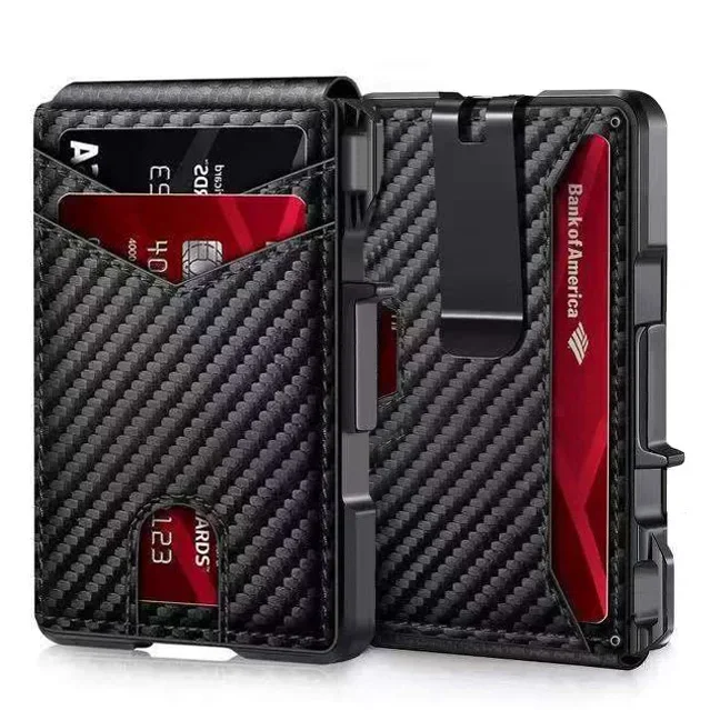 Men'S RFID Blocking Card Holder Wallet Slim Metal Pop Up Credit Card Case PU Leather Money Clip For Business Travel Daily Car 04