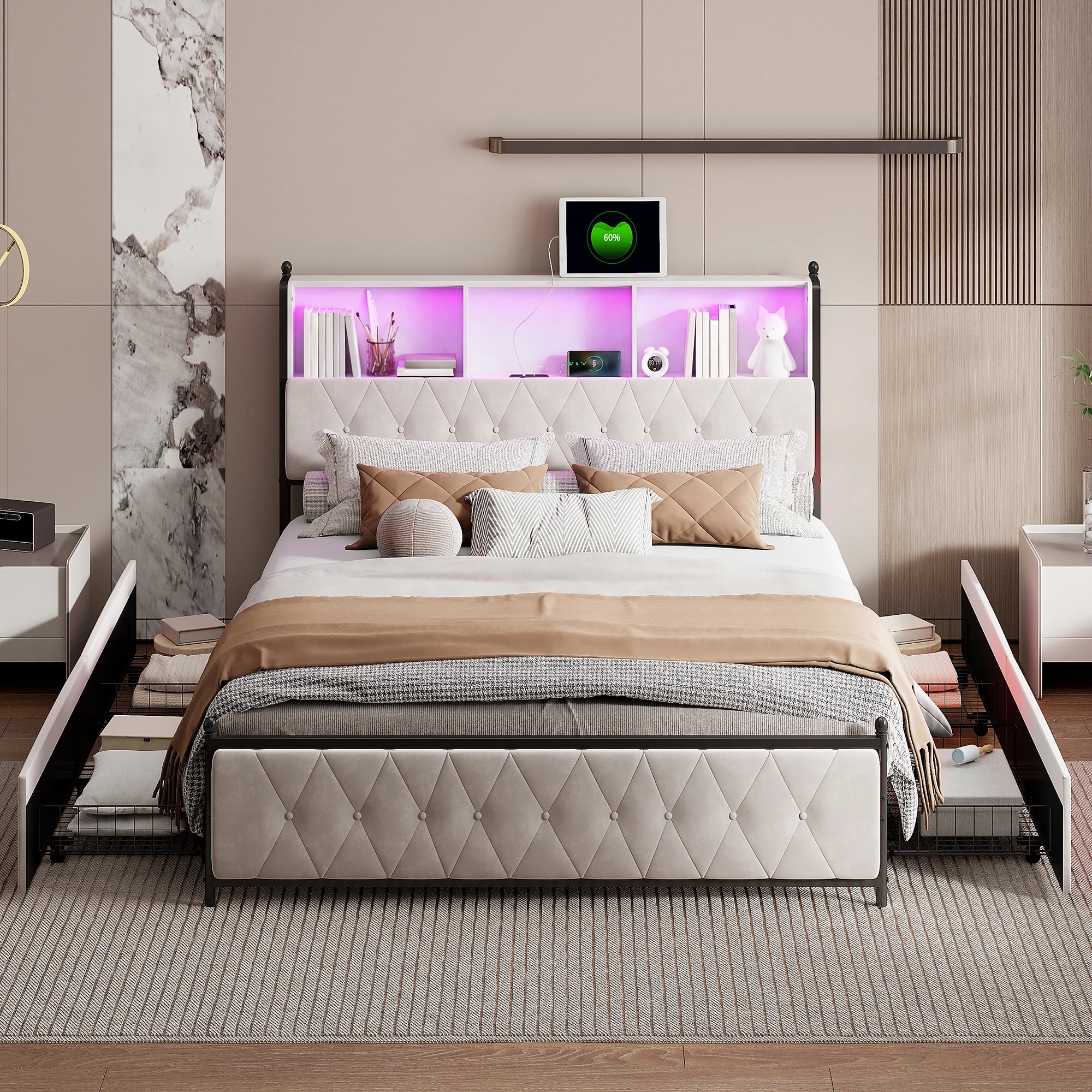 Image of Rosahqnda Doppelbett für Erwachsene 140/160/180x200 cm mit 4 Schubladen, LED-beleuchtetem Polsterkopfteil und Staufächern, Samt, Beige, ohne Matratze