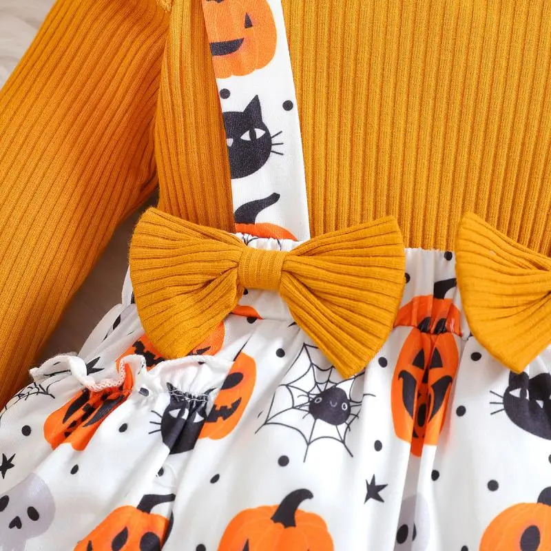 Spring and Autumn Girls\' New Pumpkin Love Cartoon Printed Dress Long Sleeve Skirt Halloween Christmas Cosplay Climbing Dress