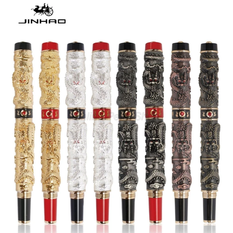 Jinhao Ancient Double Dragon Playing Pearl Carving Embossing 0.7mm Nib Fountain Pen Professional Office Stationery