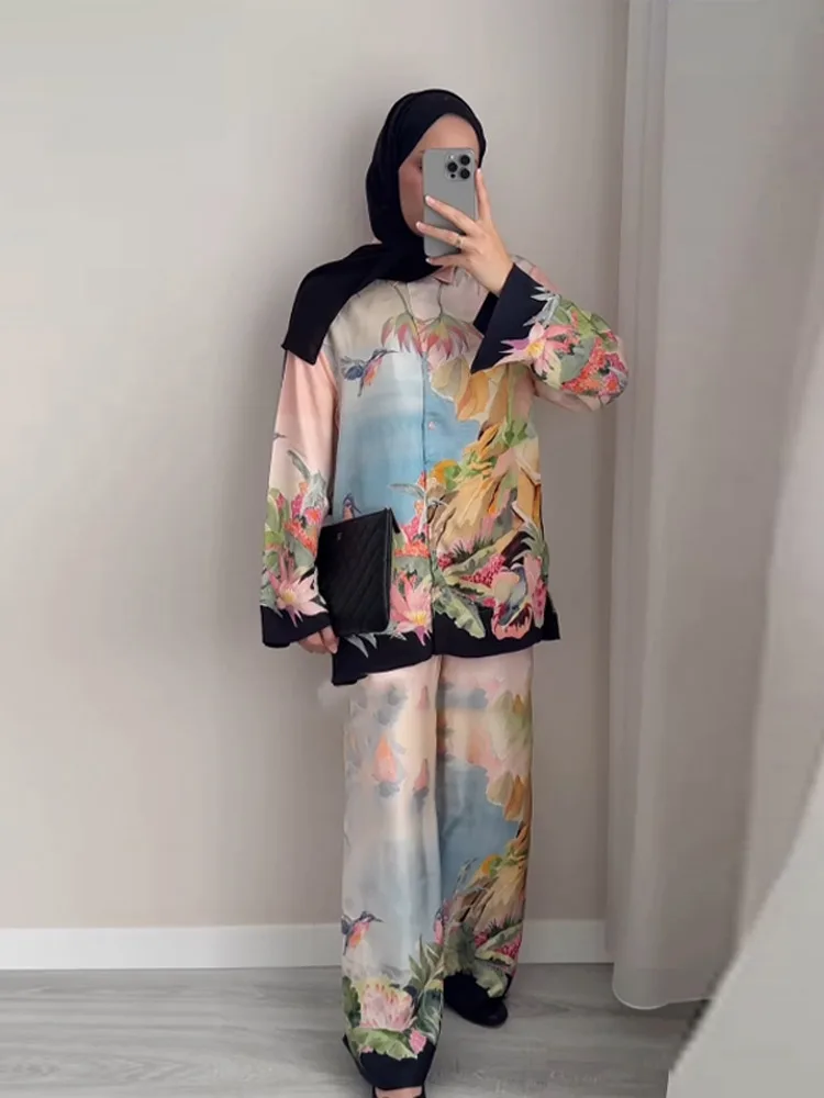 

Women Set Printe Shirt Top Pants Long Sleeve Lapel Loose Silk Satin Fashion Shirts Blouse Vacation Beach Wide Leg Trousers Suit