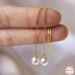 AIDE 925 Sterling Silver Elegant Drop Earrings for Women Girl Threader Earrings Pearl Dangle Ear Line Long Chain Classic Jewelry