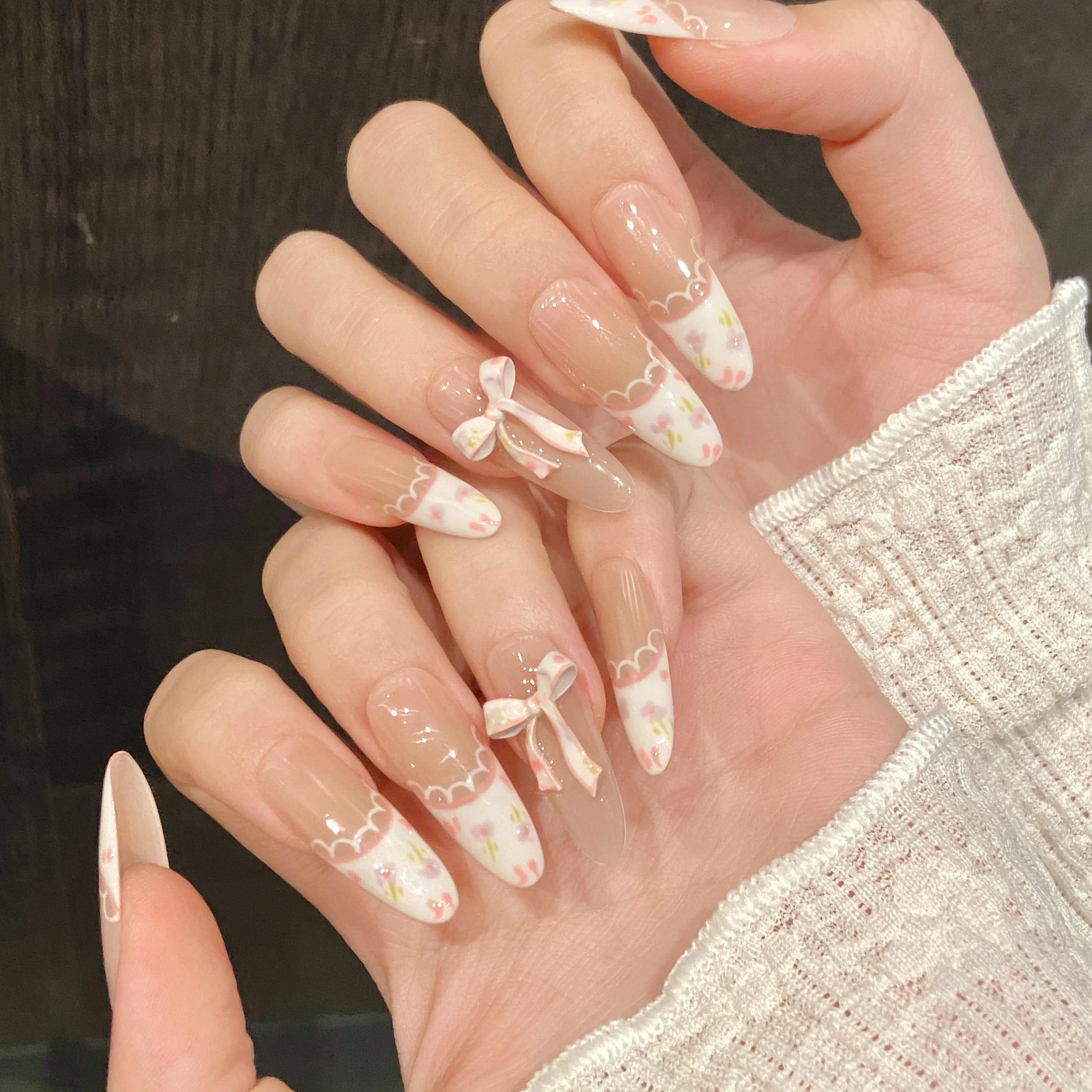 

Purely Handmade Floral Dress, Hand-Painted Flowers, Summer Bow, Stereo French Blush, Pure Desire Pressed Fake Nails 10Pcs