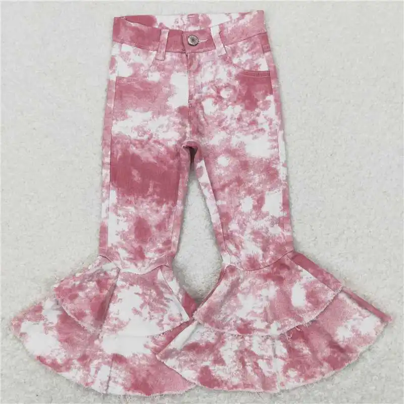 Wholesale Baby Girls Denim Western Pink White Cow Print Bell Bottom Kids Children Toddler Flared Pants Double Lace Pocket Jeans