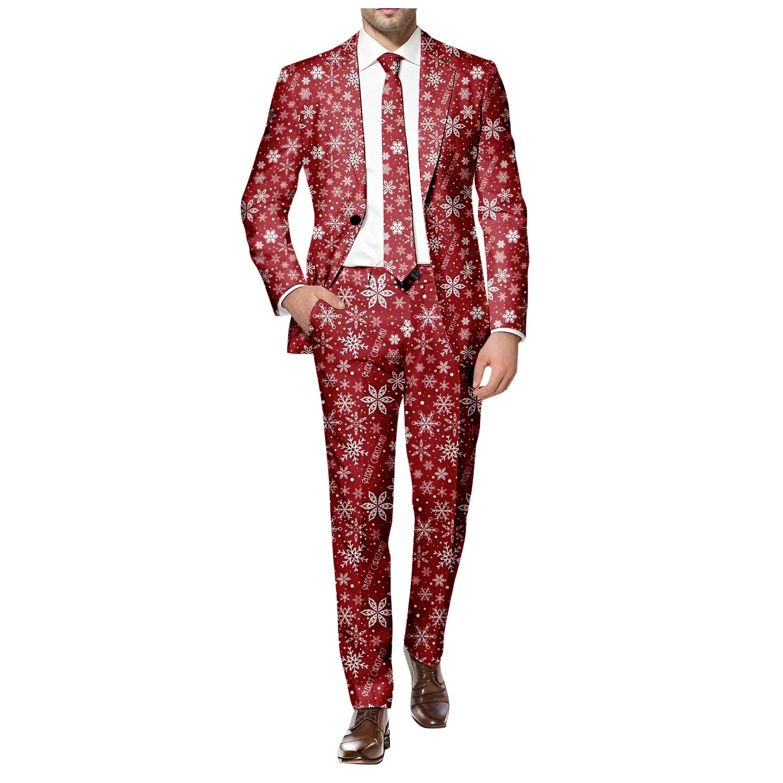 Christmas Snowflake Printed One Button Suit and Trousers Men Casual Slim Trendy Comfortable Business Two Piece Pants Suit