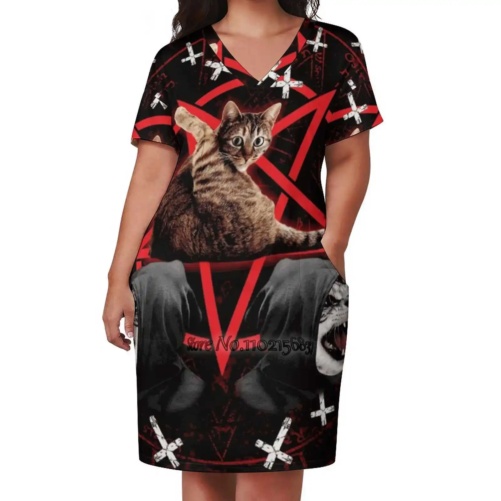 Satanic Cat Pentagram Death Black Metal Band Exorcist Sexy V-Neck Dress Fashion Casual Printed High Quality Short Sleeve Skirt