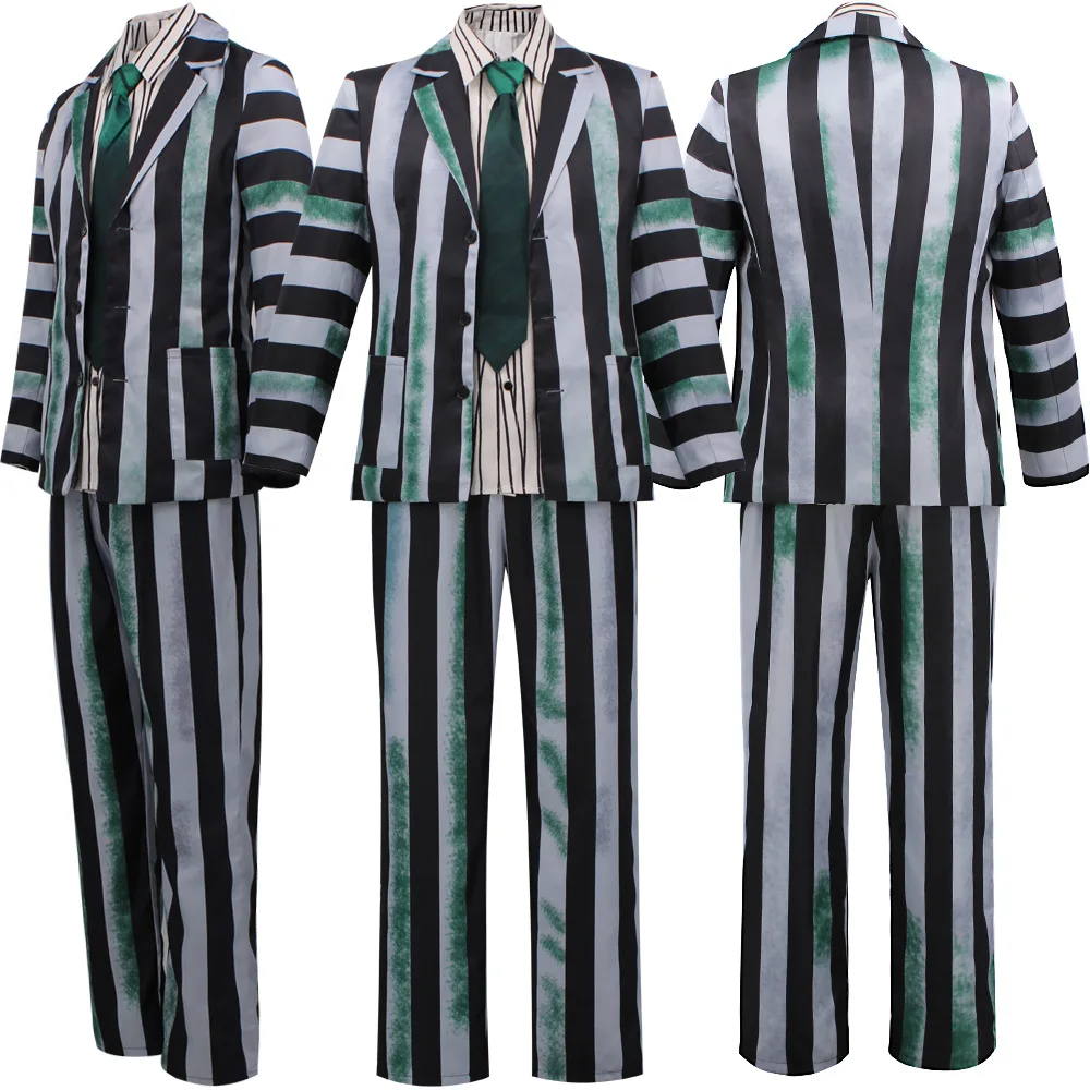 Adult Beetle Movie Juice Costume Men Black and White Striped Suit Adult Horror Comedy Character Cosplay Outfit for Halloween