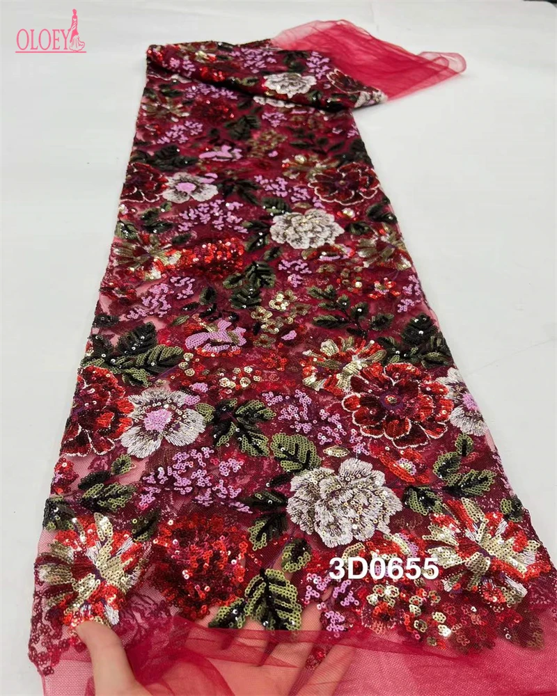 Fashion Elegant French Embroidery Beaded Lace Fabric African Nigerian With Sequins Fabric For Wedding Dress