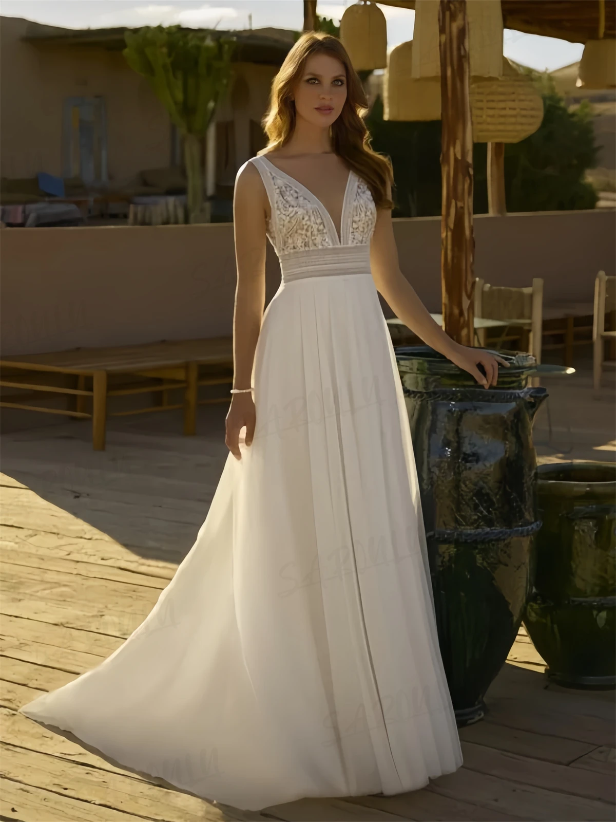 Cusotmized Lace Boho Wedding Dress V Neck Sleeveless Bohemian Beach Long Bride Dresses Zipper Closure Bridal Gown image 3